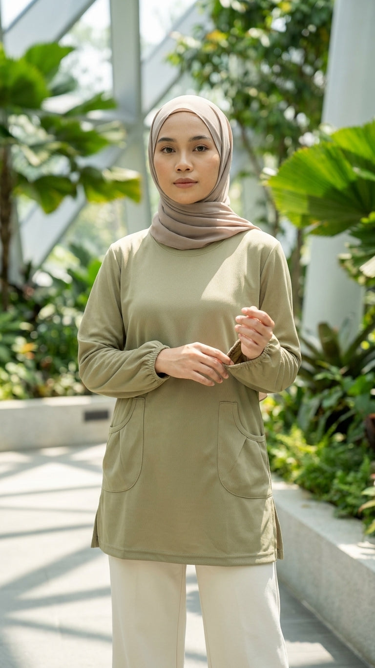 Woman wearing a greige long-sleeve top and beige hijab standing in a greenhouse with plants in the background.