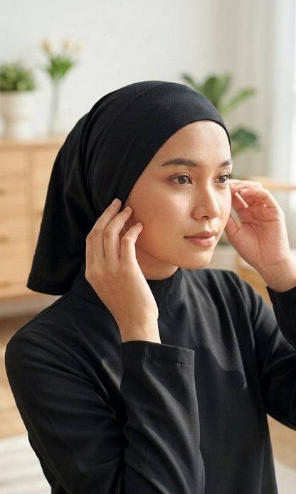 A woman wearing a solid black hijab and a matching black long-sleeve top, adjusting her headscarf in a brightly lit, softly blurred indoor setting.