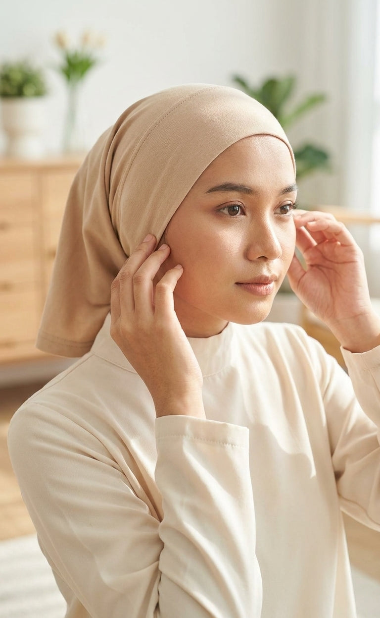 A woman wearing a beige hijab and a cream-colored long-sleeve top, adjusting her hijab in a brightly lit indoor setting.