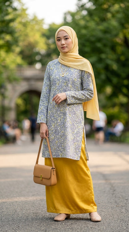 Woman wearing a floral top and yellow hijab with a brown handbag in an outdoor setting.