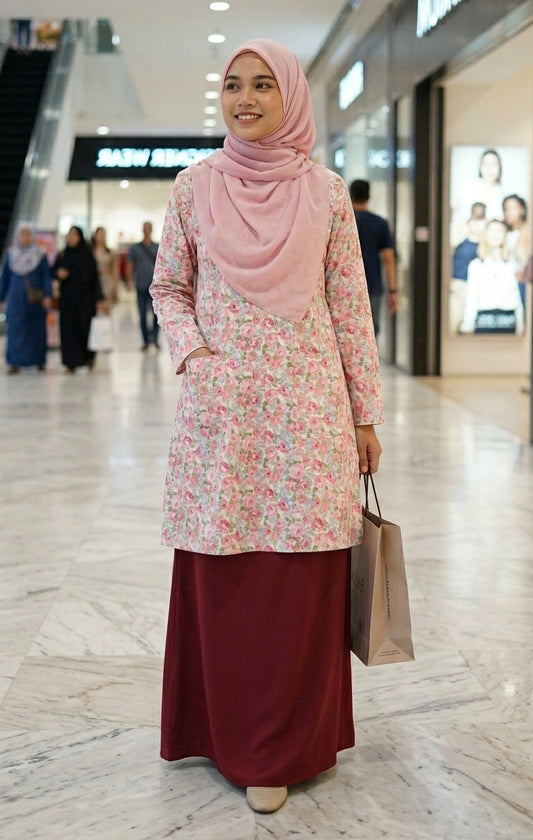 Woman in a floral dress and pink hijab walking in a mall.