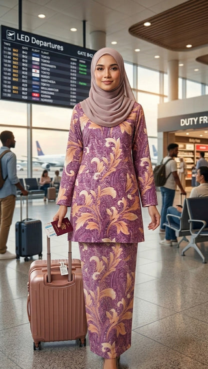 model wearing purple floral blouse and matching skirt in a airport background