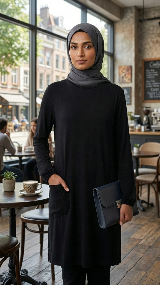 Woman in a hijab standing in a cafe with large windows.