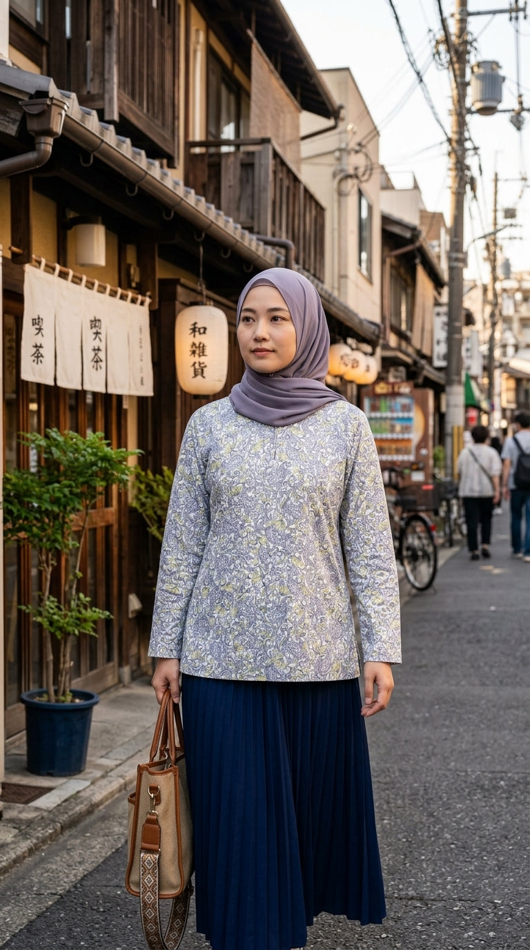 Woman in a floral top and hijab standing on a street in an urban setting
