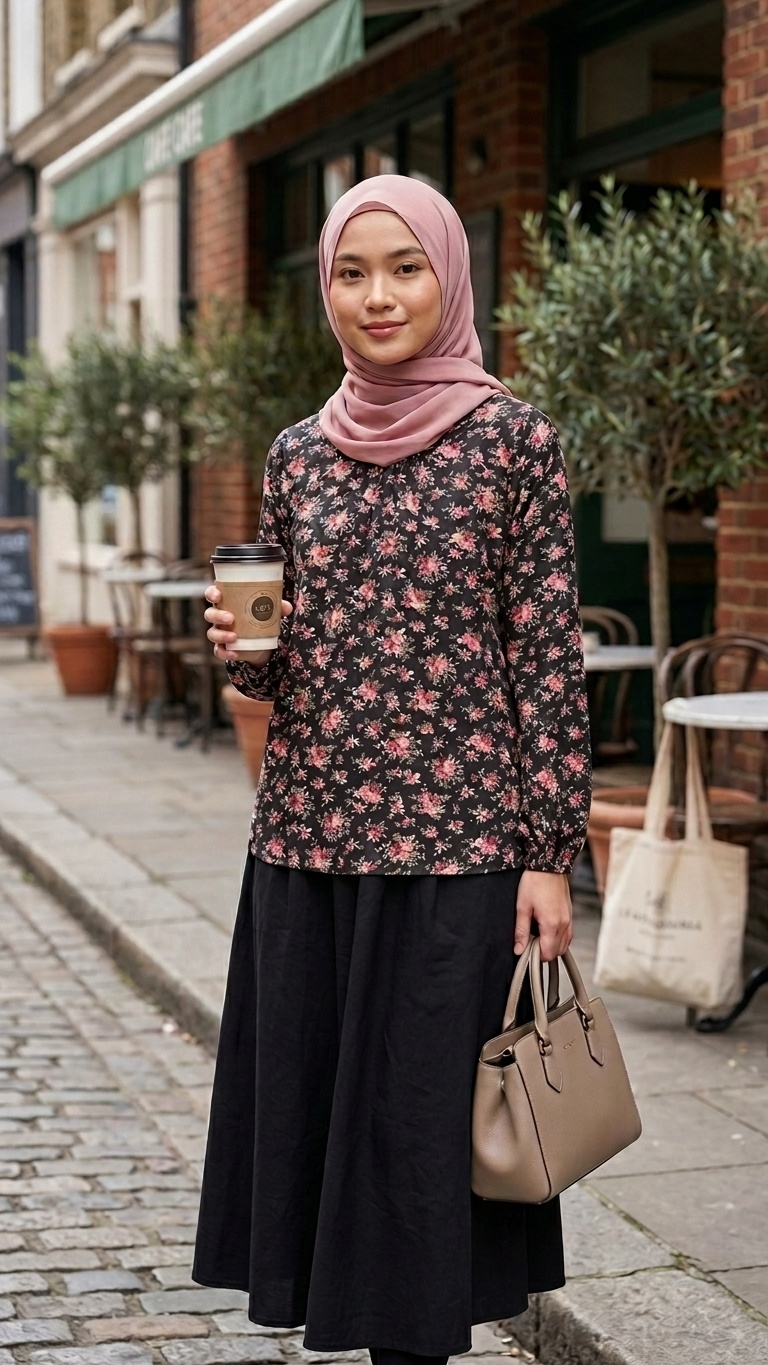 Woman in a floral top and hijab holding a coffee cup on a street.