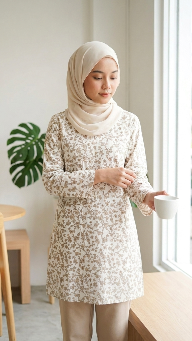 model wearing a long blouse in floral bronze and white with a cream hijab with a background of a room