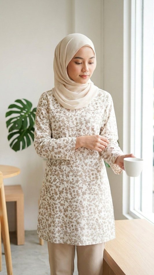 model wearing a long blouse in floral bronze and white with a cream hijab with a background of a room