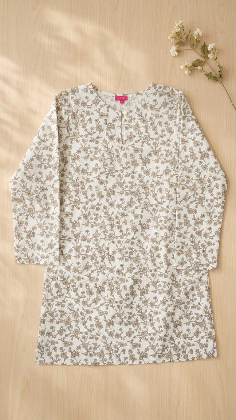 a cotton long blouse in floral bronze and white flat on a background of light brown wooden floor
