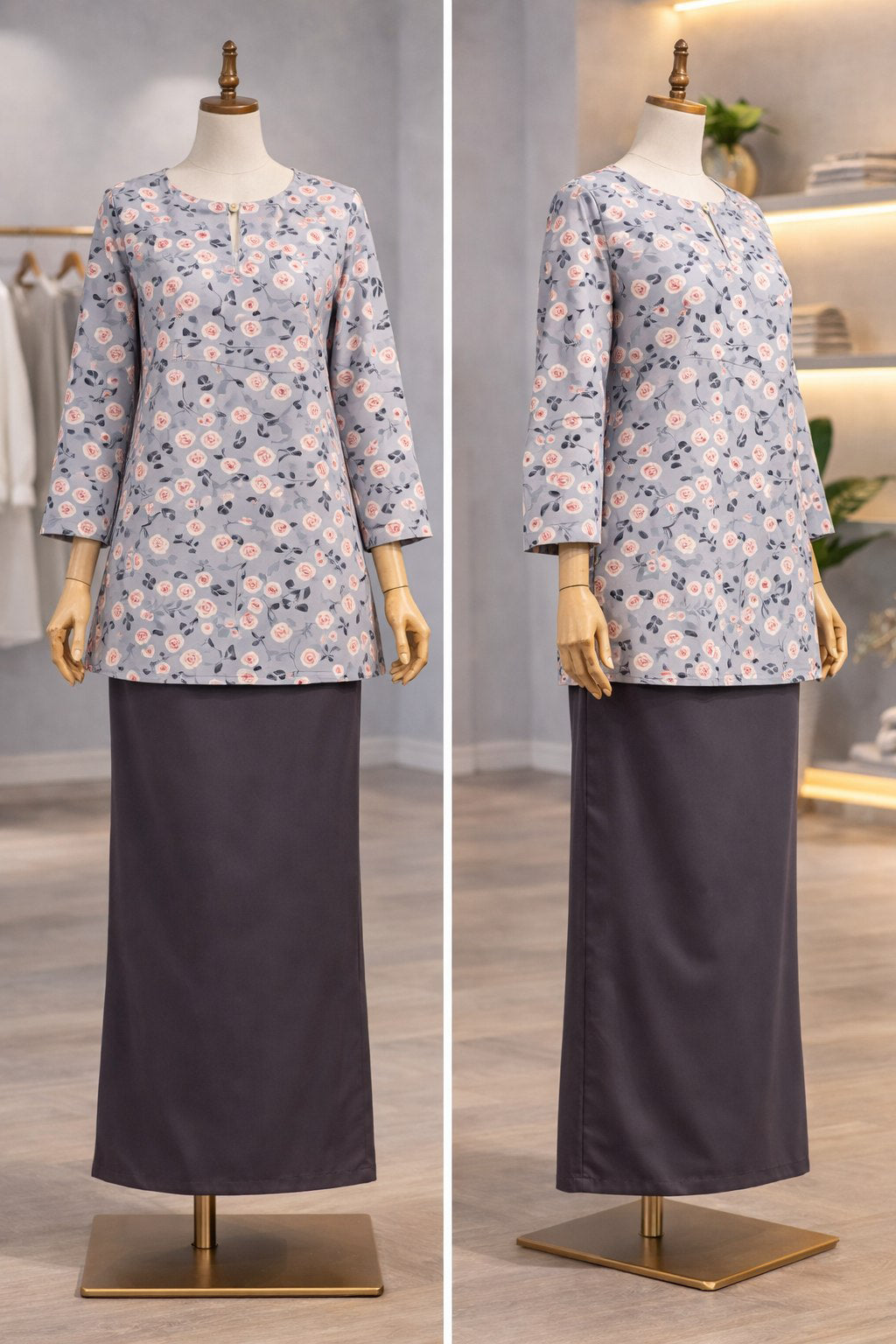 Floral top and dark gray skirt on mannequins with a neutral background