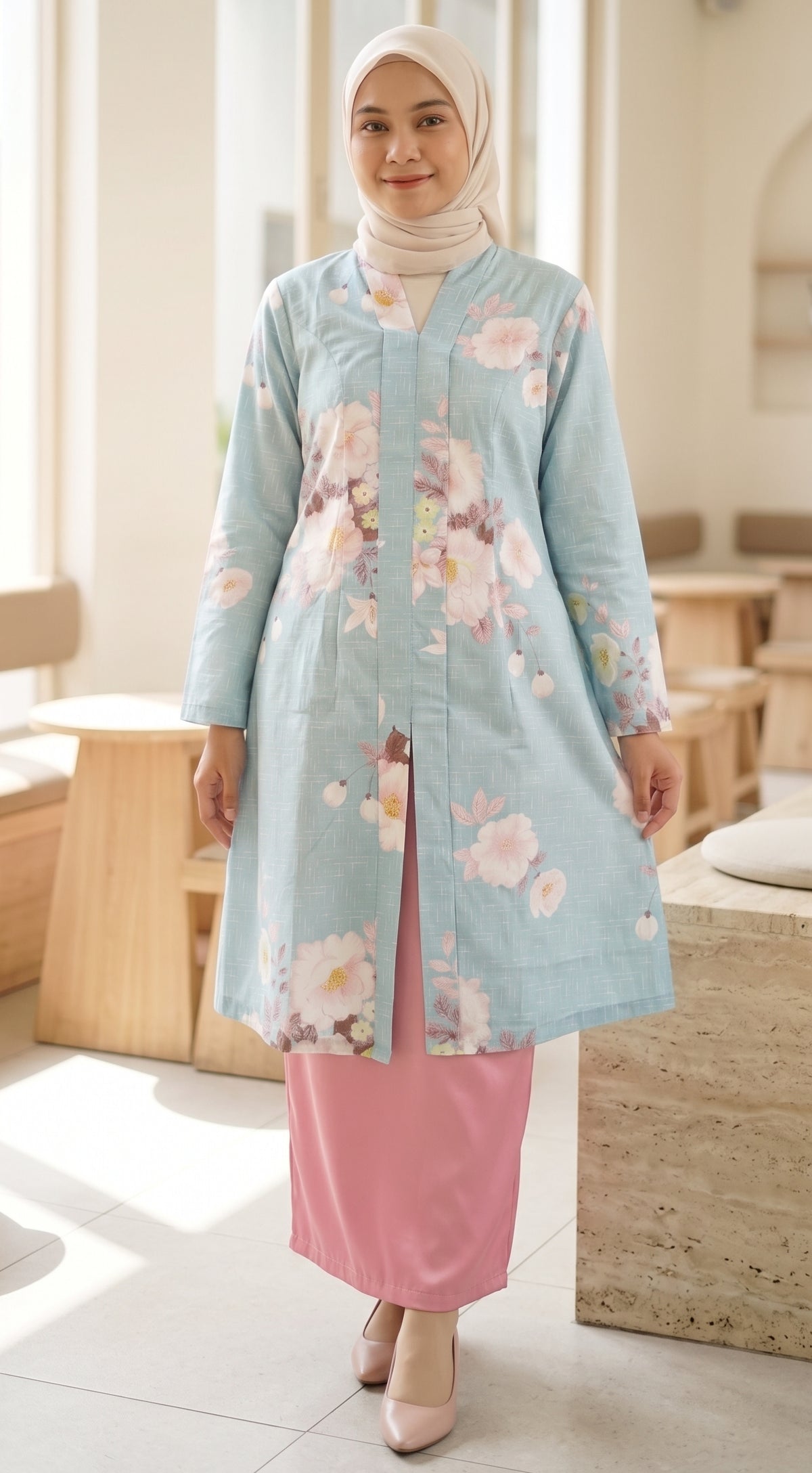 A woman wearing a light blue floral long kurta over a pink skirt, standing in a bright, modern indoor setting with wooden furniture.