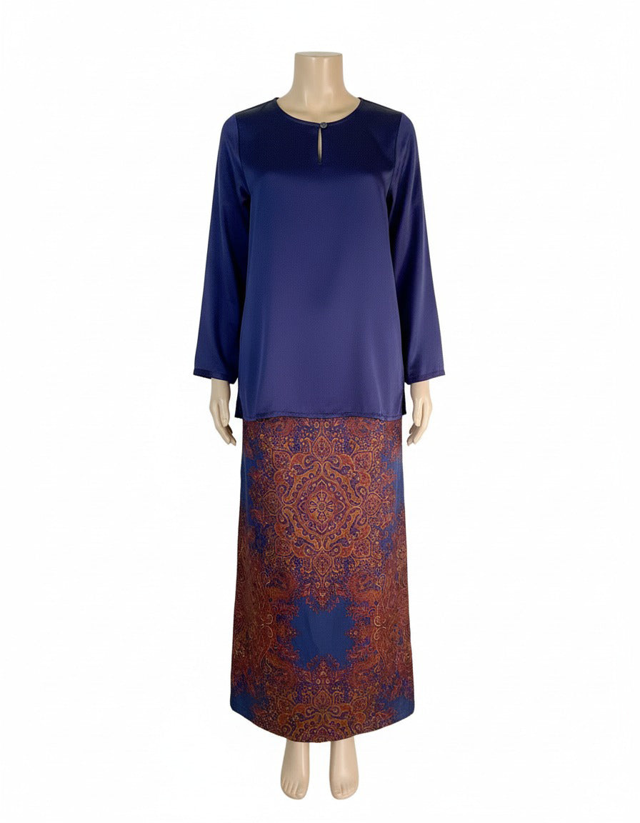 Dark Blue Blouse & Baroque Printed Skirt