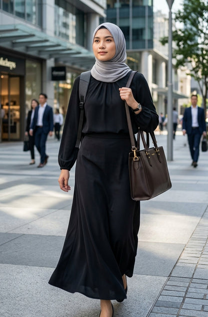 A woman wearing a black long-sleeve blouse and skirt and a light gray hijab walks on a city sidewalk, carrying a brown leather tote bag.