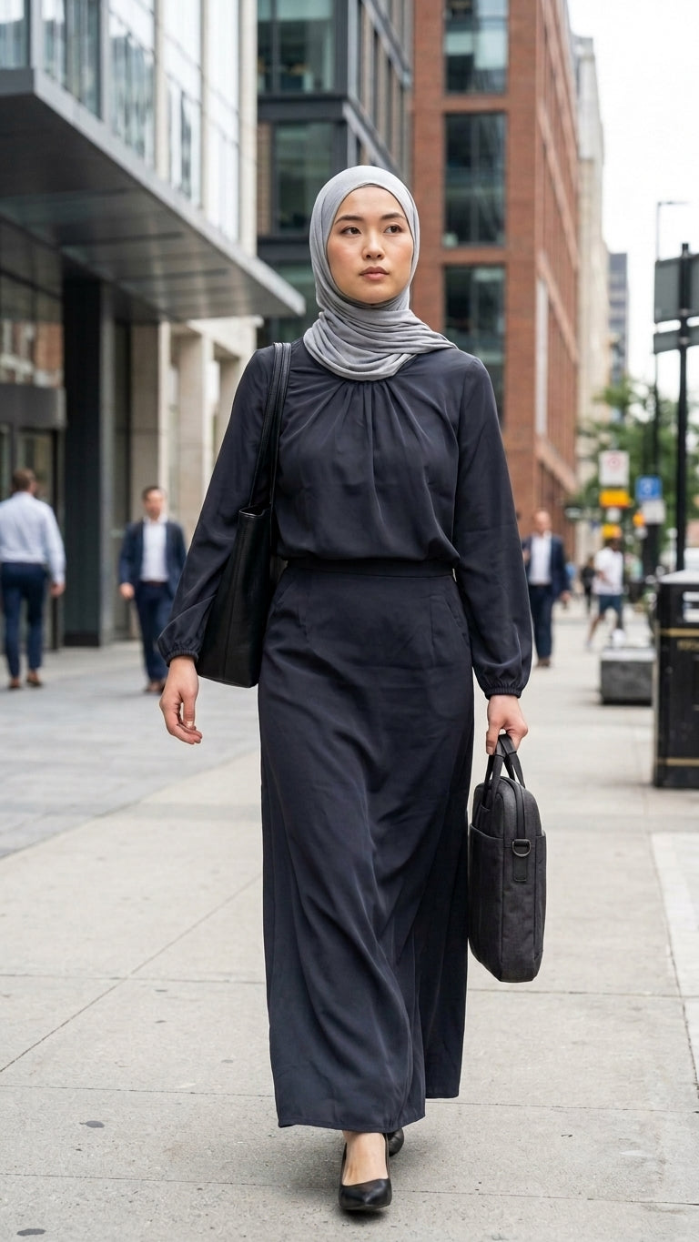 A woman walking on a city sidewalk wearing a dark navy long-sleeve blouse and skirt, a light gray hijab, and carrying a black shoulder bag.