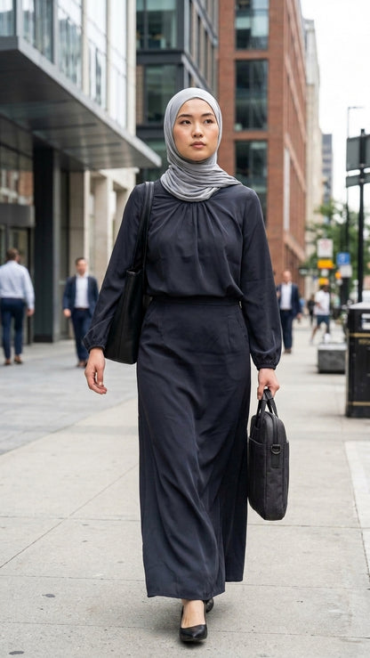 A woman walking on a city sidewalk wearing a dark navy long-sleeve blouse and skirt, a light gray hijab, and carrying a black shoulder bag.