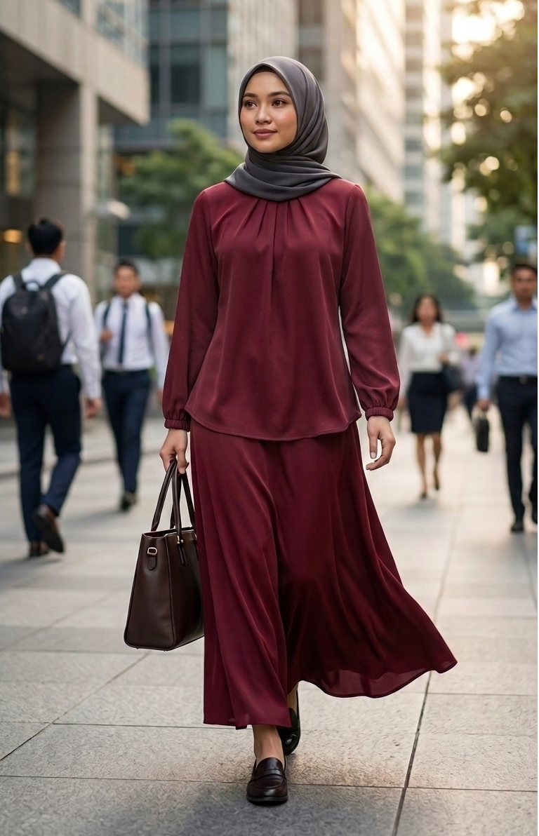 A woman wearing a matching long-sleeve maroon blouse and maxi skirt and dark gray hijab walks on a city sidewalk, holding a brown handbag.