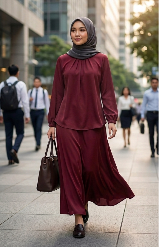 A woman wearing a matching long-sleeve maroon blouse and maxi skirt and dark gray hijab walks on a city sidewalk, holding a brown handbag.