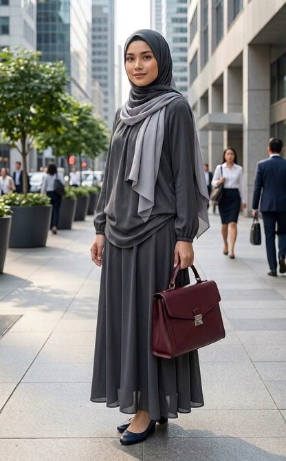 A woman wearing a dark gray hijab and matching long-sleeve blouse and maxi skirt stands on a city sidewalk, holding a structured burgundy handbag. The background shows a blurred urban street scene with buildings and other pedestrians.