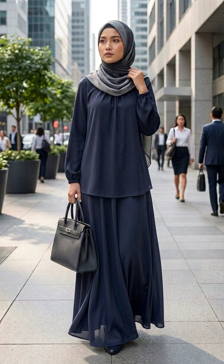 A woman wearing a navy blue long-sleeve  blouse, maxi skirt and a gray hijab walks on a city sidewalk, holding a structured black handbag.