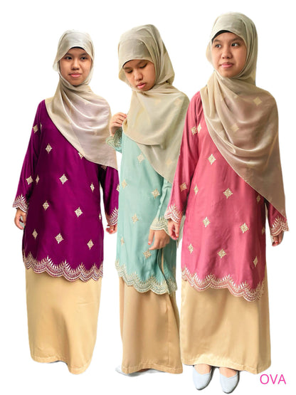 Three women wearing hijabs and long blouses in purple, green, and pink on a white background.