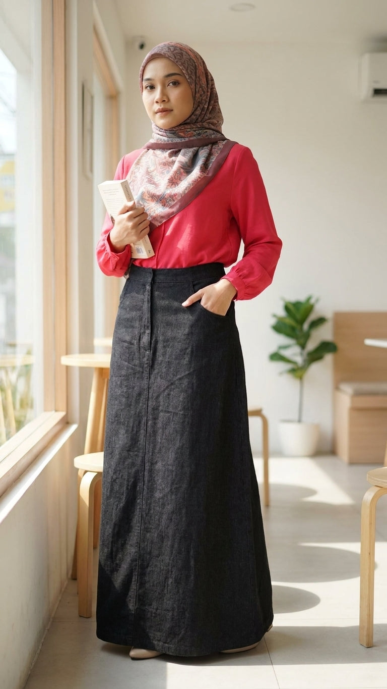A woman wearing a red long-sleeve top, a dark charcoal gray maxi skirt with front pockets, and a brown patterned hijab stands in a bright, modern indoor setting.