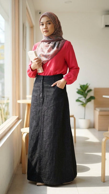 A woman wearing a red long-sleeve top, a dark charcoal gray maxi skirt with front pockets, and a brown patterned hijab stands in a bright, modern indoor setting.