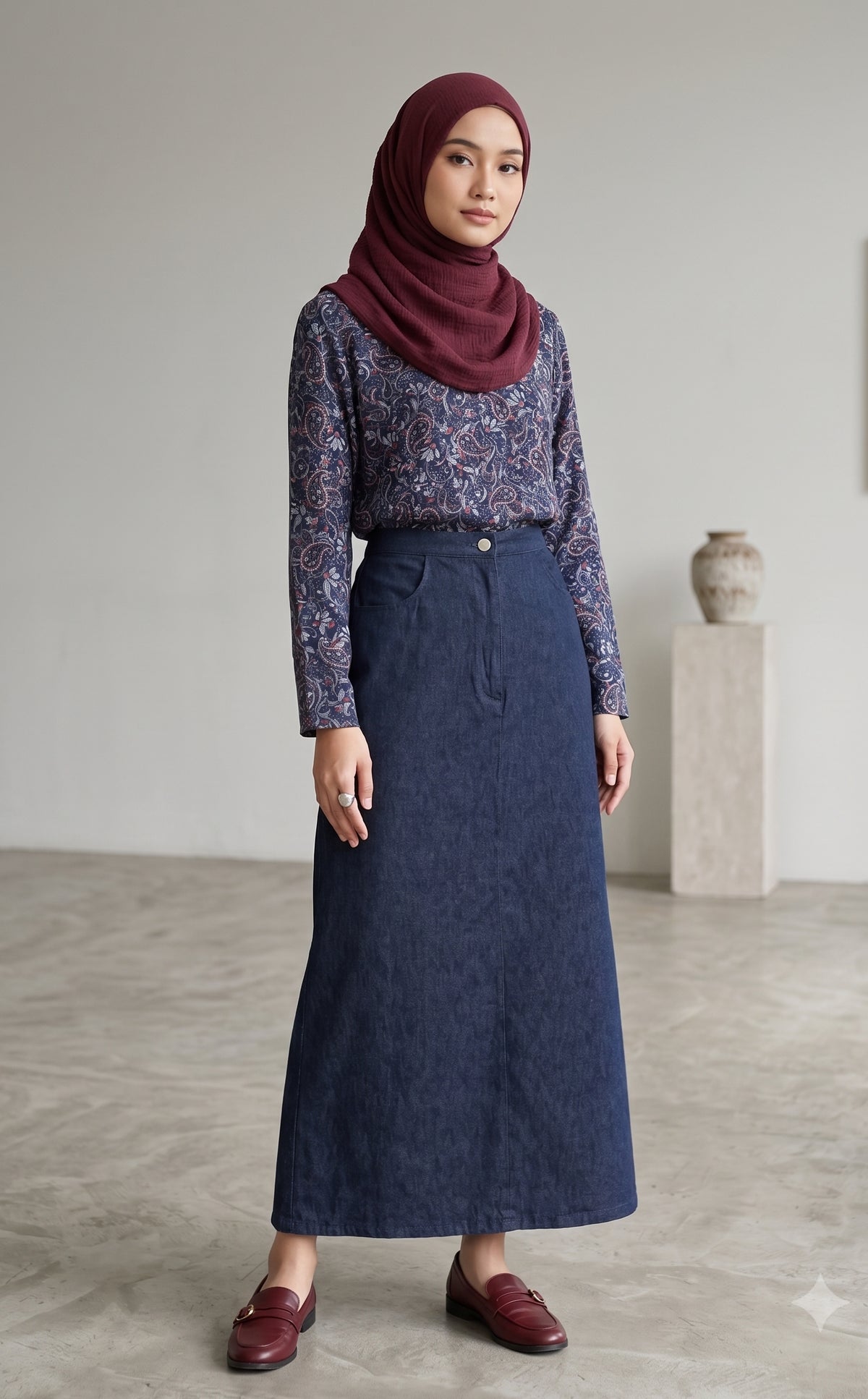 A woman wearing a dark blue denim maxi skirt, a patterned long-sleeve top, and a burgundy hijab, standing in a minimalist studio setting.
