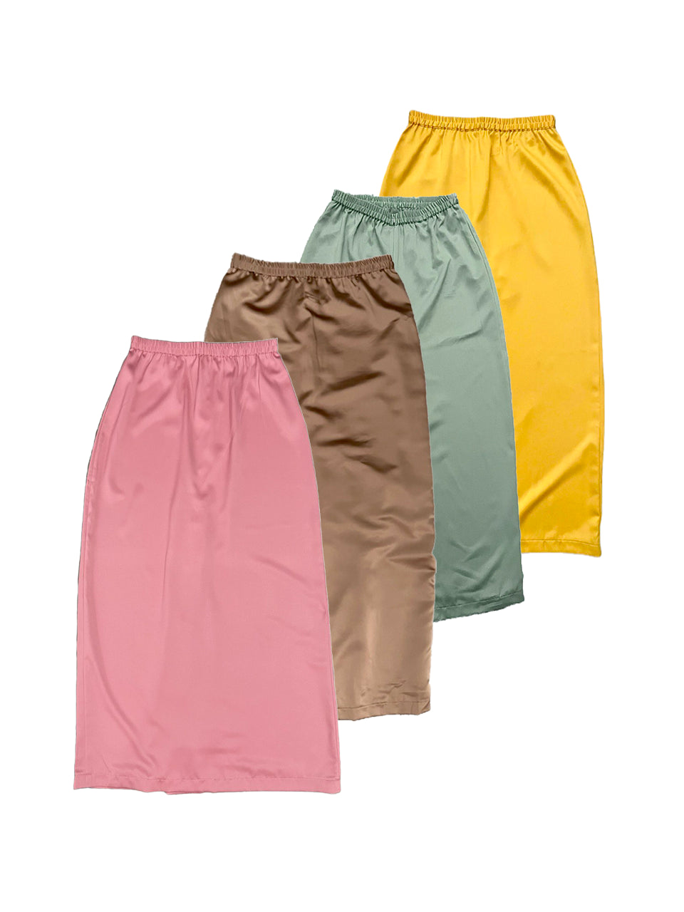 Four pairs of colorful skirts in pink, brown, green, and yellow on a white background.
