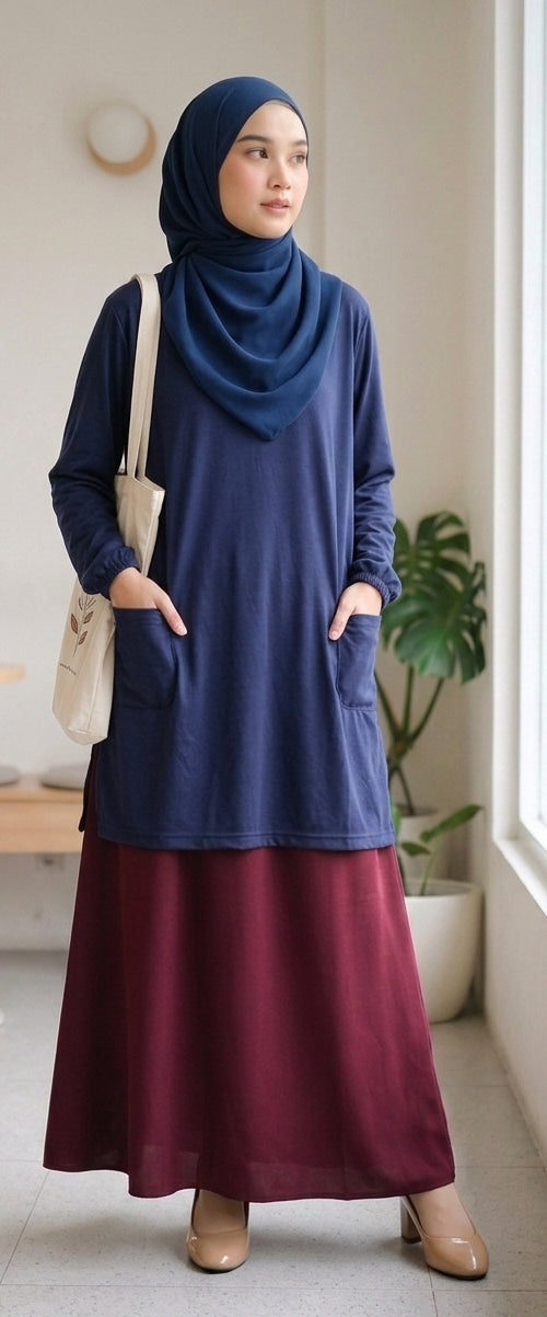 A woman wearing a navy blue long-sleeve tunic with front pockets, a matching navy hijab, and a long burgundy maxi skirt, standing indoors near a window with a beige tote bag.