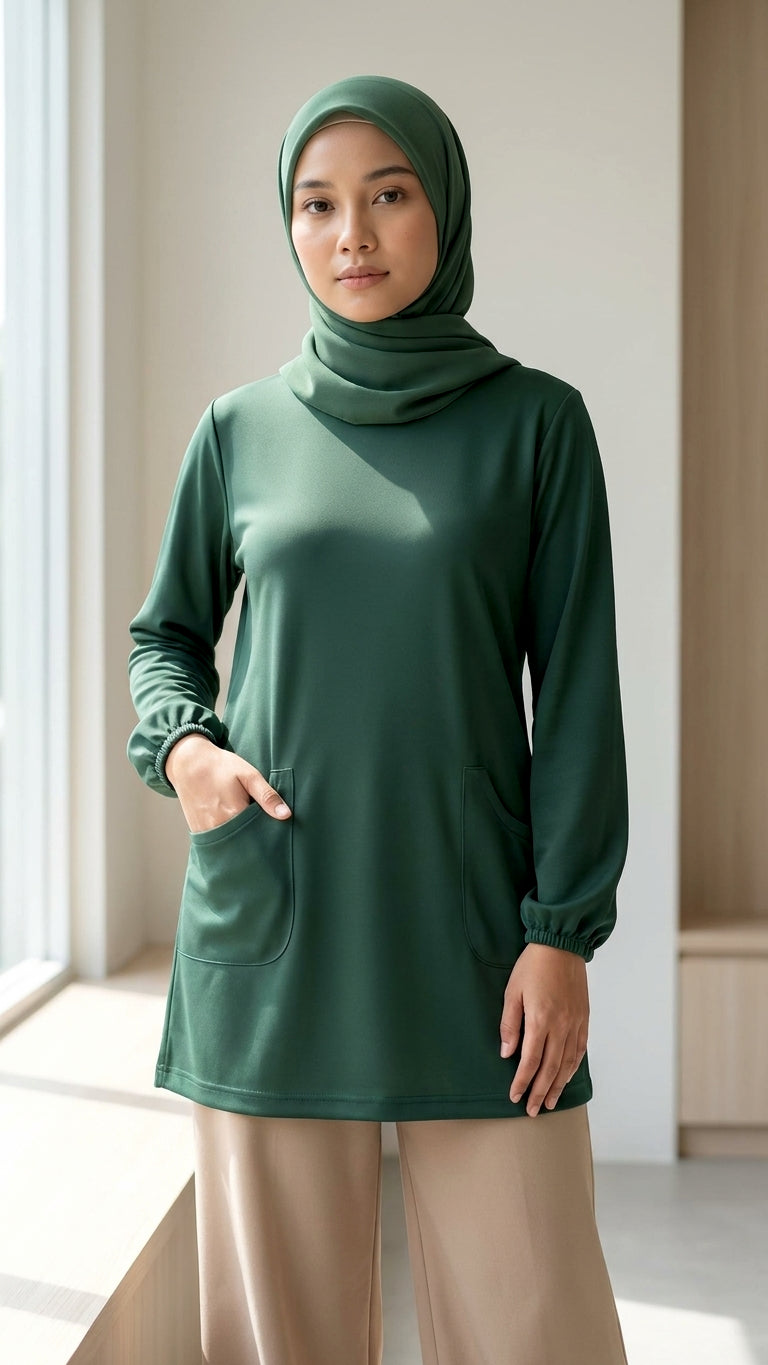 A woman wearing a dark green long-sleeve hijab tunic with a mock neck and side pockets, paired with beige pants, standing in a brightly lit indoor setting.