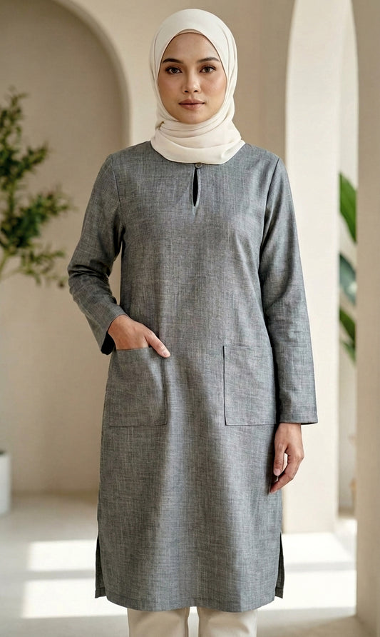A woman wearing a long-sleeved gray textured tunic with a keyhole neckline and front pockets, paired with a cream hijab and light pants, standing in a bright, modern interior with arches.