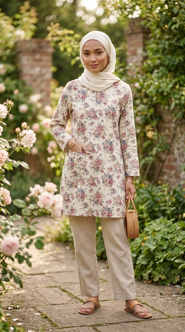 model wearing a floral beige long blouse with background of outdoor garden