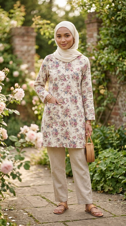 model wearing a floral beige long blouse with background of outdoor garden
