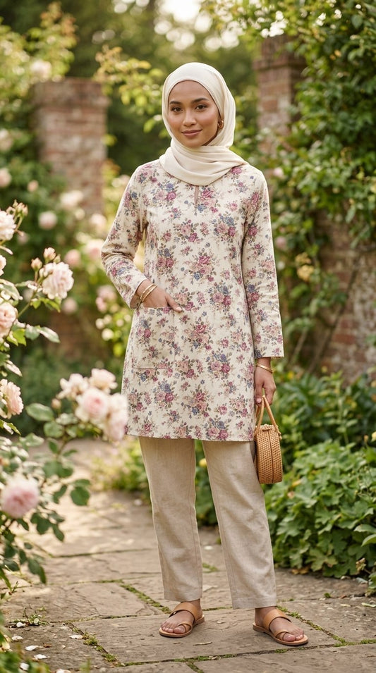 model wearing a floral beige long blouse with background of outdoor garden