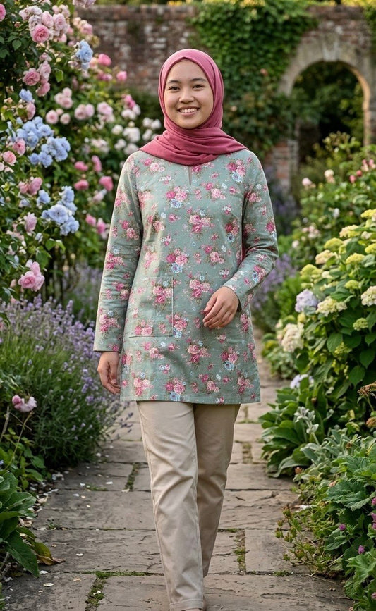 model of a floral green long blouse with a background of outdoor garden